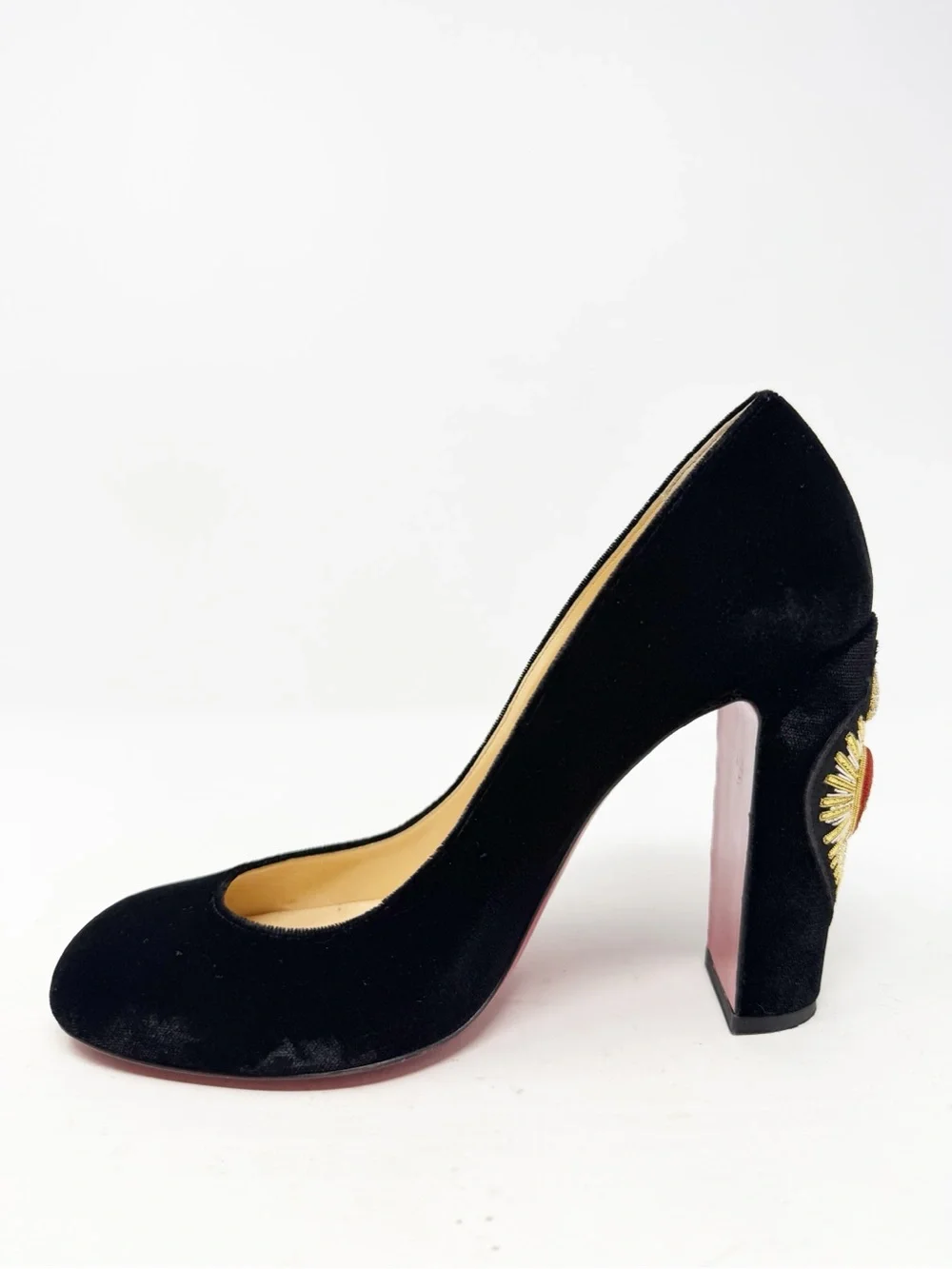 Christian Louboutin Cadrilla Corazon Velvet Block Heel Pumps Womens Size EU 39